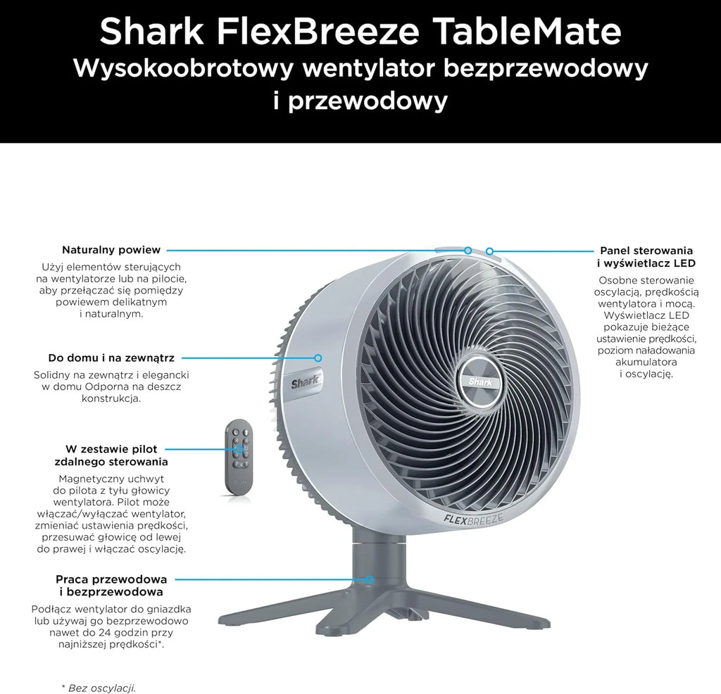 Shark FlexBreeze TableMate Akumulatorowy wentylator wewnętrzno-zewnętrzny, do 24 godz. pracy, wydajne chłodzenie, zasięg 20 m, cichy, 5 prędkości, oscylacja, zdalne sterowanie, zimna mgiełka, FA150EU