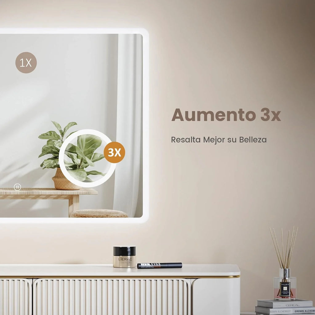 Lustro łazienkowe LED EMKE 90 x 70 cm, z przełącznikiem dotykowym, funkcją antyparowania, lupą 3x, zegarem, 6500K