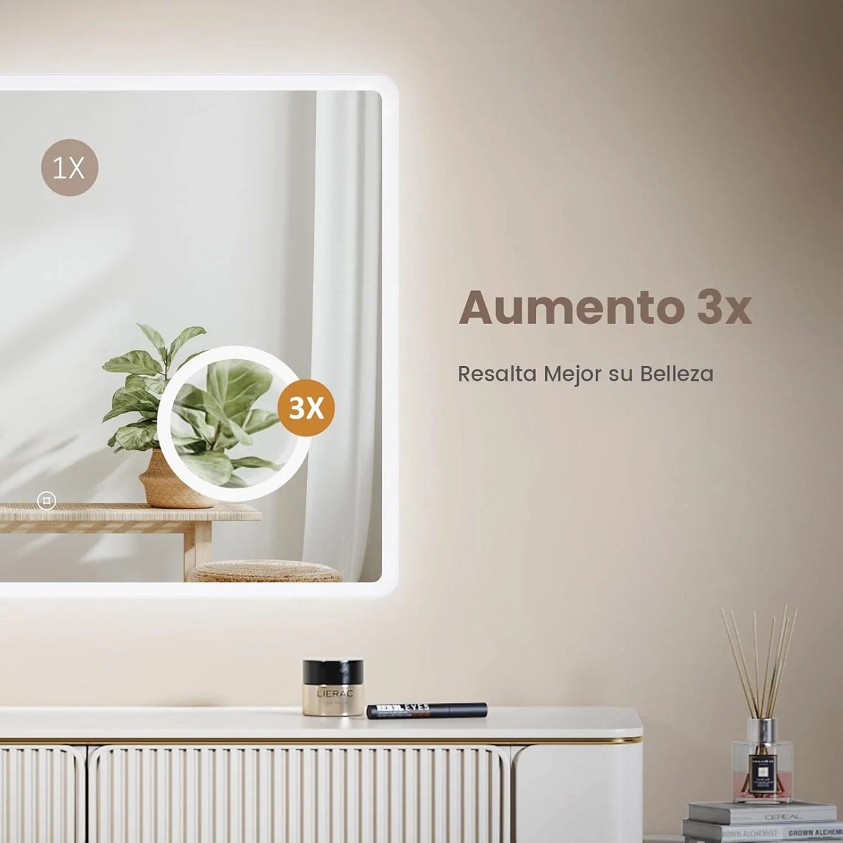 Lustro łazienkowe LED EMKE 90 x 70 cm, z przełącznikiem dotykowym, funkcją antyparowania, lupą 3x, zegarem, 6500K