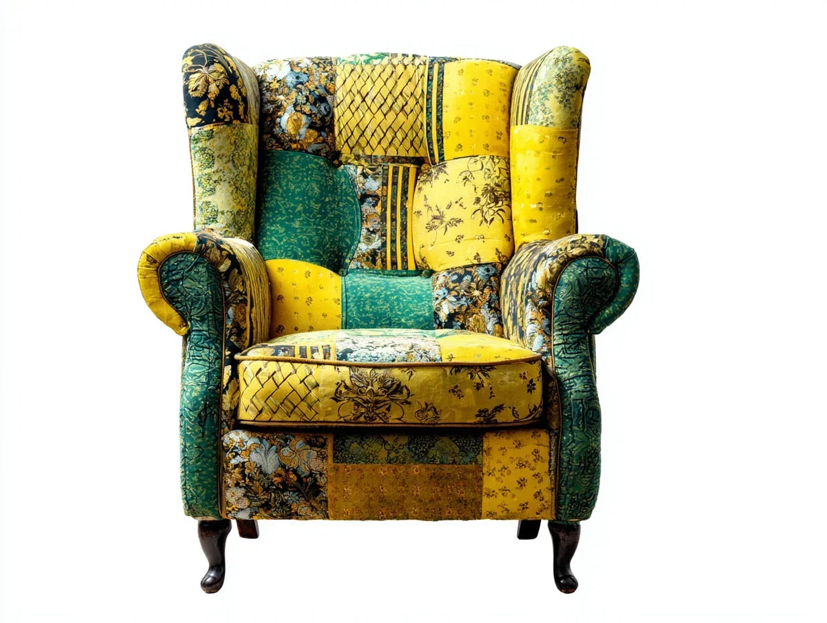 Fotel uszak materiałowy 85x80x110 cm żółto-zielony odpowiedni do salonu wzór patchwork z podłokietnikami