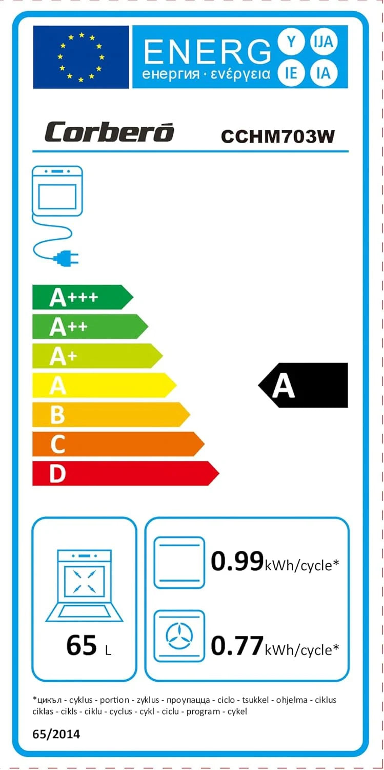 Corbero - Piekarnik wielofunkcyjny hydrolityczny 65 l | CCHM703W | Czyszczenie hydrolityczne | 8 programów | (dł.)59,5 x (szer.)59,5 x (wys.)57,5 cm | Oświetlenie wnętrza | Podwójne szklane drzwi | Moc 3000 W | Kolor biały z profilem inox