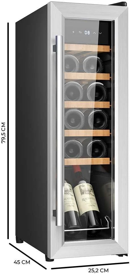 Cecotec Vinoteca Wolnostojąca Bolero GrandSommelier 1250 CoolWood. Chłodziarka do wina na 12 butelek, regulacja temperatury 8-18°C, oświetlenie LED i drewniane półki.