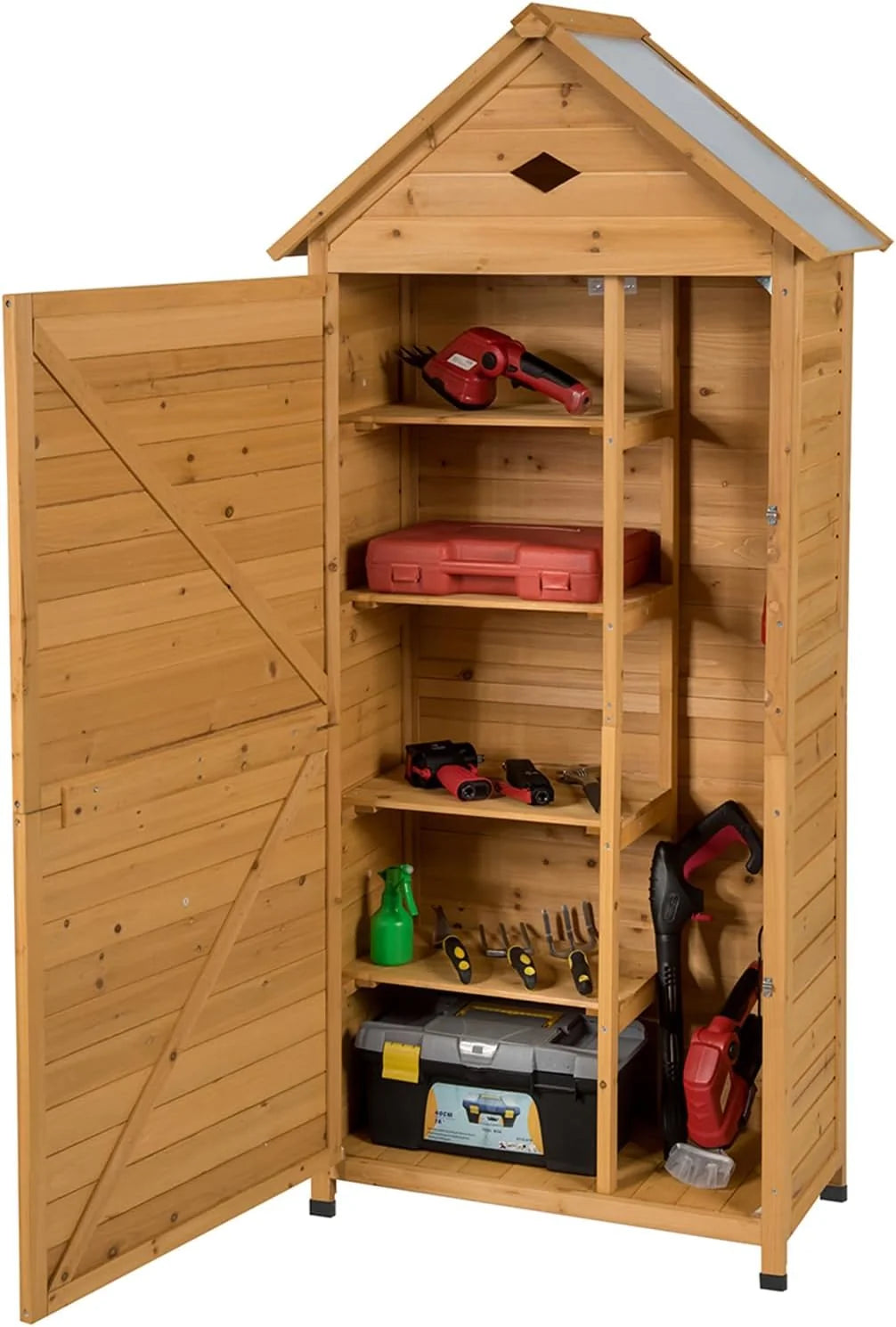 COSTWAY Drewniany Domek Ogrodowy, Szopa Ogrodowa z 5 Półkami i 2 Zamykanymi Drzwiami, Szafa Narzędziowa z Wodoodpornym Dachem do Ogrodu, na Balkon, Taras (70x45x160cm)