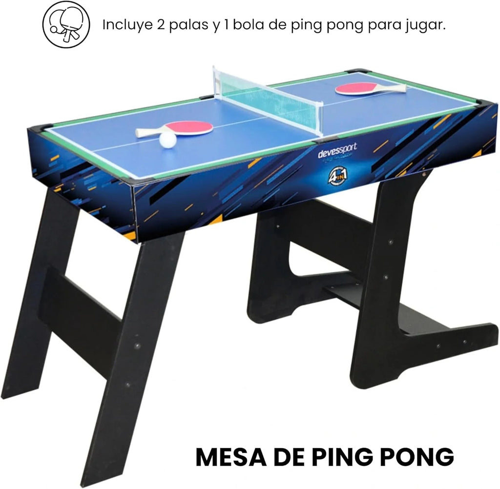 DEVESSPORT Wielofunkcyjny Składany Stół do Gier 4 w 1 Sport Arena | Piłkarzyki, Bilard, Air Hockey i Tenis Stołowy | Składany Stół do Gier z Akcesoriami w Zestawie