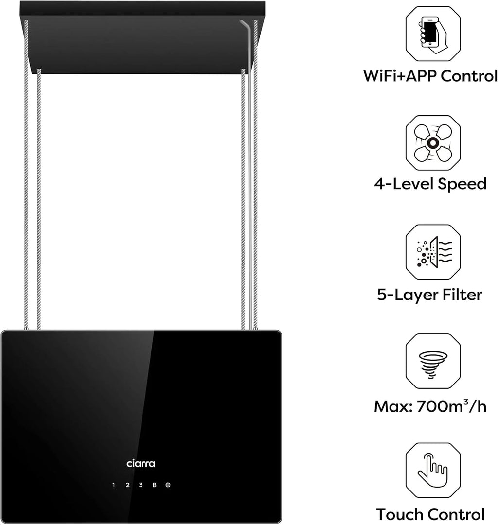 CIARRA CBCB4850 Okap Wyspowy Bezprzewodowy Klasa A+++ 48cm 700m³/h WiFi i Sterowanie Dotykowe Filtr Węglowy w Zestawie 4 Prędkości 2 Lampy LED Czarny