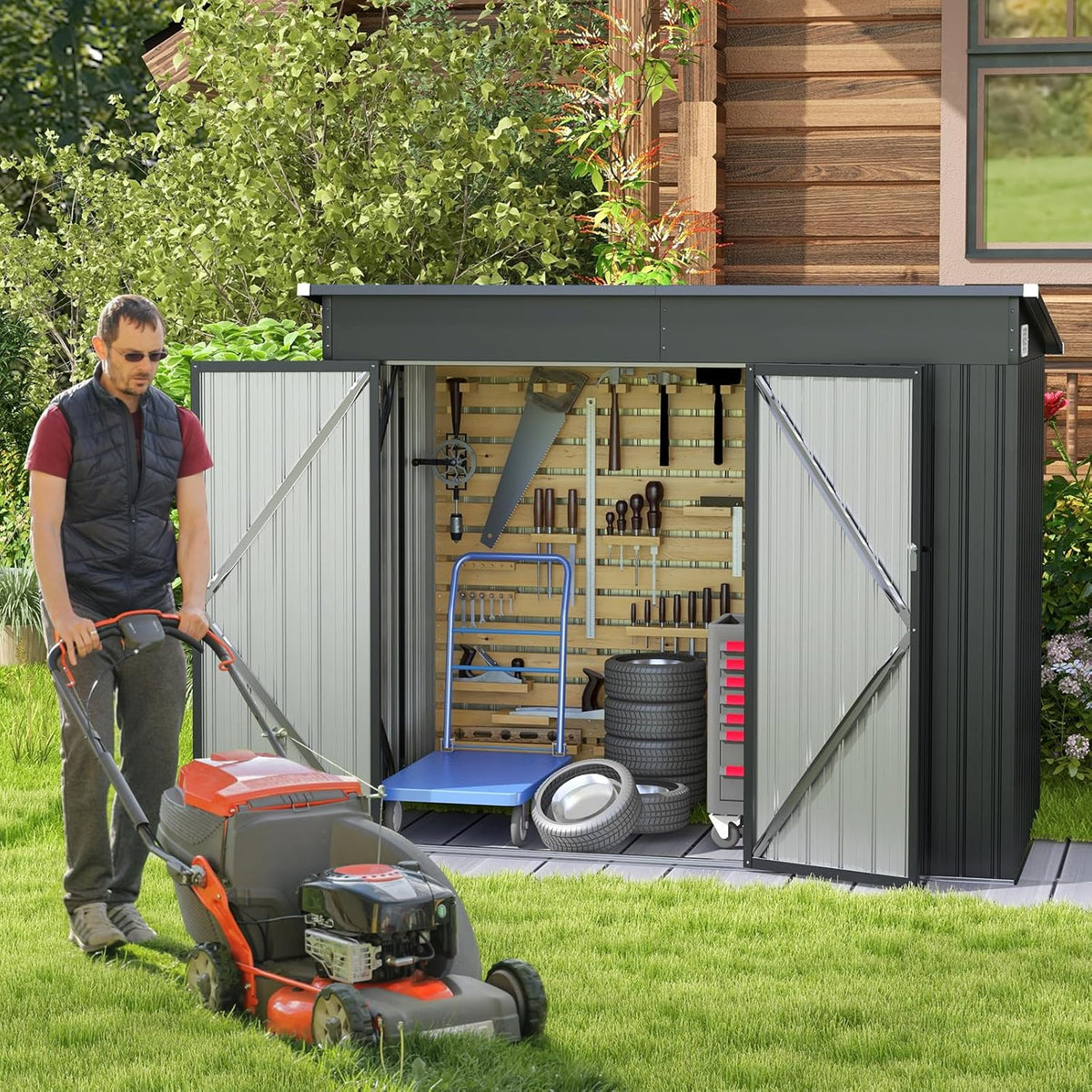 COSTWAY Szopa Ogrodowa Zewnętrzna, 235 x 117 x 185 cm, Schowek Ogrodowy Zewnętrzny z 2 Drzwiami, Pochyłym Dachem, Domek Organizator z Galwanizowanego Metalu, Organizator Narzędzi do Ogrodu na Patio