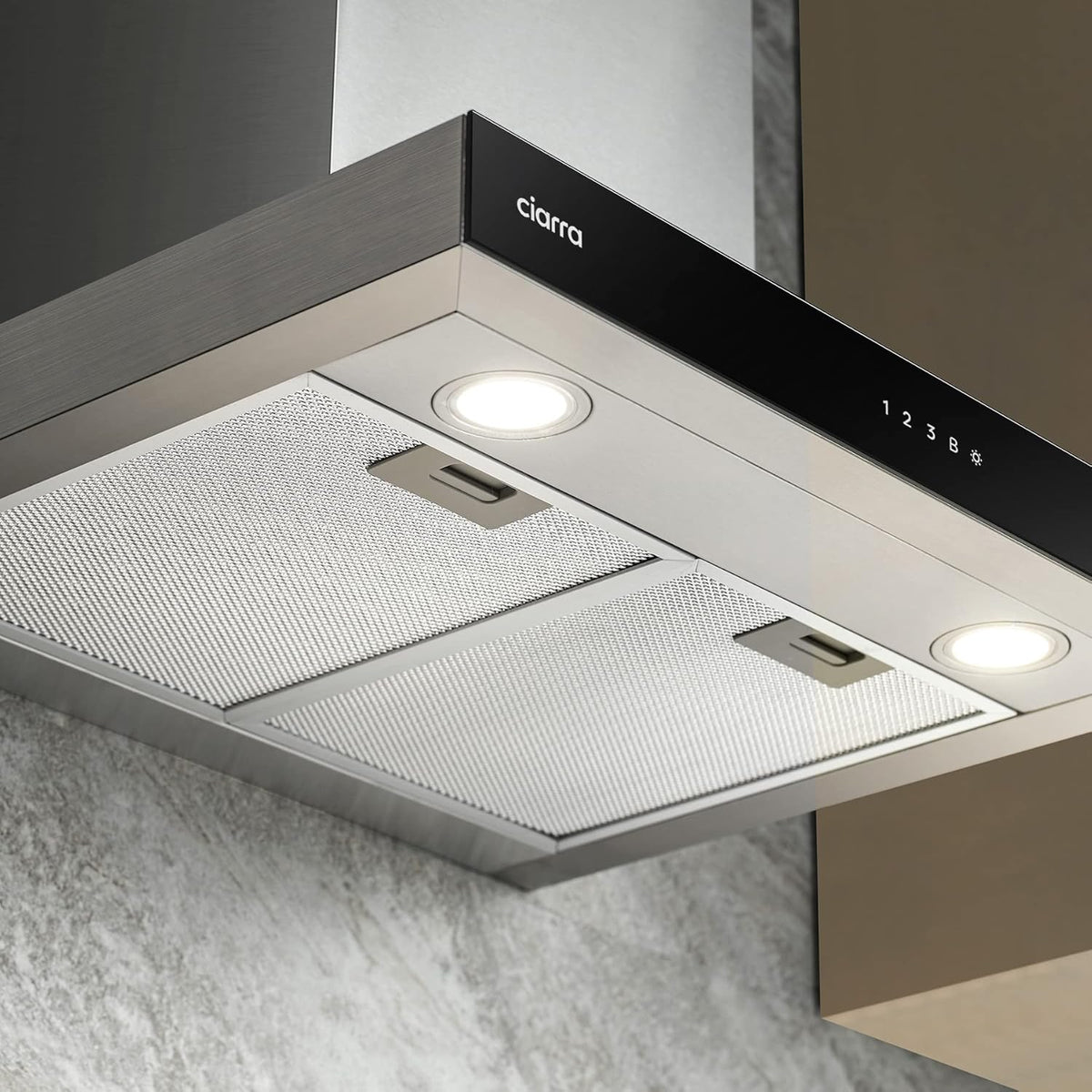Ciarra CBCS6102 Okap Kuchenny 60cm 650 m³/h - Sterowanie Dotykowe i Wi-Fi - 4 Prędkości - Odsysanie Zewnętrzne i Recyrkulacja Wewnętrzna przez Filtr Węglowy CBCF003 - Stal Nierdzewna