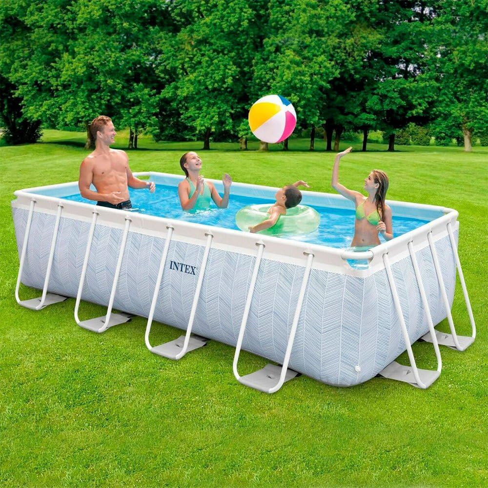 Intex Basen Rozporowy Prostokątny Chevron Prism Frame Premium, Wymiary 400x200x100cm, Pojemność 6.836 litrów, Odporny Materiał Trójwarstwowy, W Zestawie: Pompa Filtracyjna i Drabinka (55259)