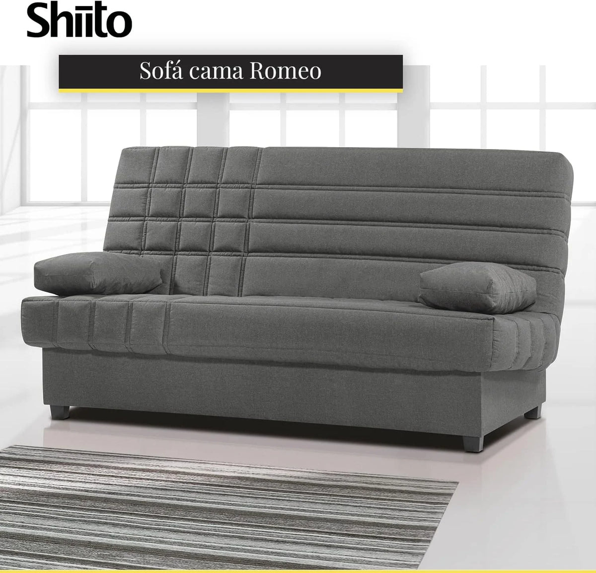 SHIITO - Sofa Rozkładany 3-osobowy z Pojemnikiem na Pościel - 100 x 193 x 100 cm - Model Romeo - z Systemem Clic-Clac - Zawiera 2 Poduszki - Kolor Ciemnoszary