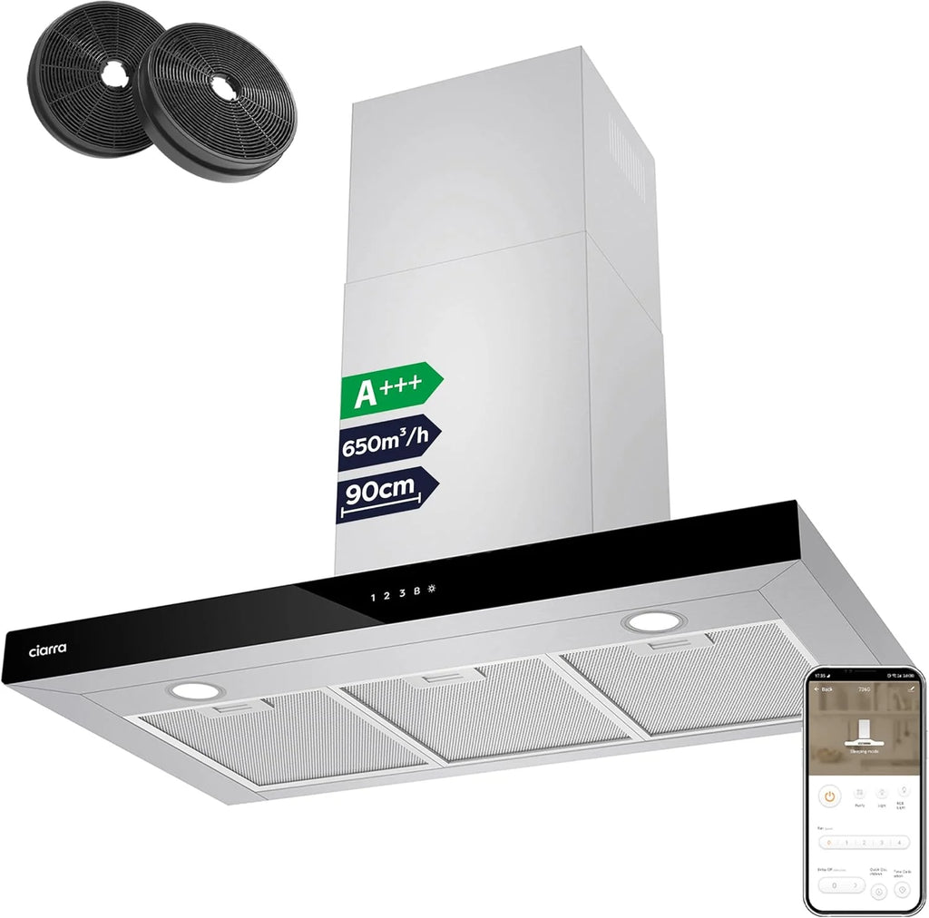 CIARRA CBCS9102 Okap Kuchenny 90 cm Klasa A+++ 650 m³/h Sterowanie WIFI Dotykowe 4 Prędkości Wyrzut Zewnętrzny i Recyrkulacja Wewnętrzna przez Filtr Węglowy CBCF003