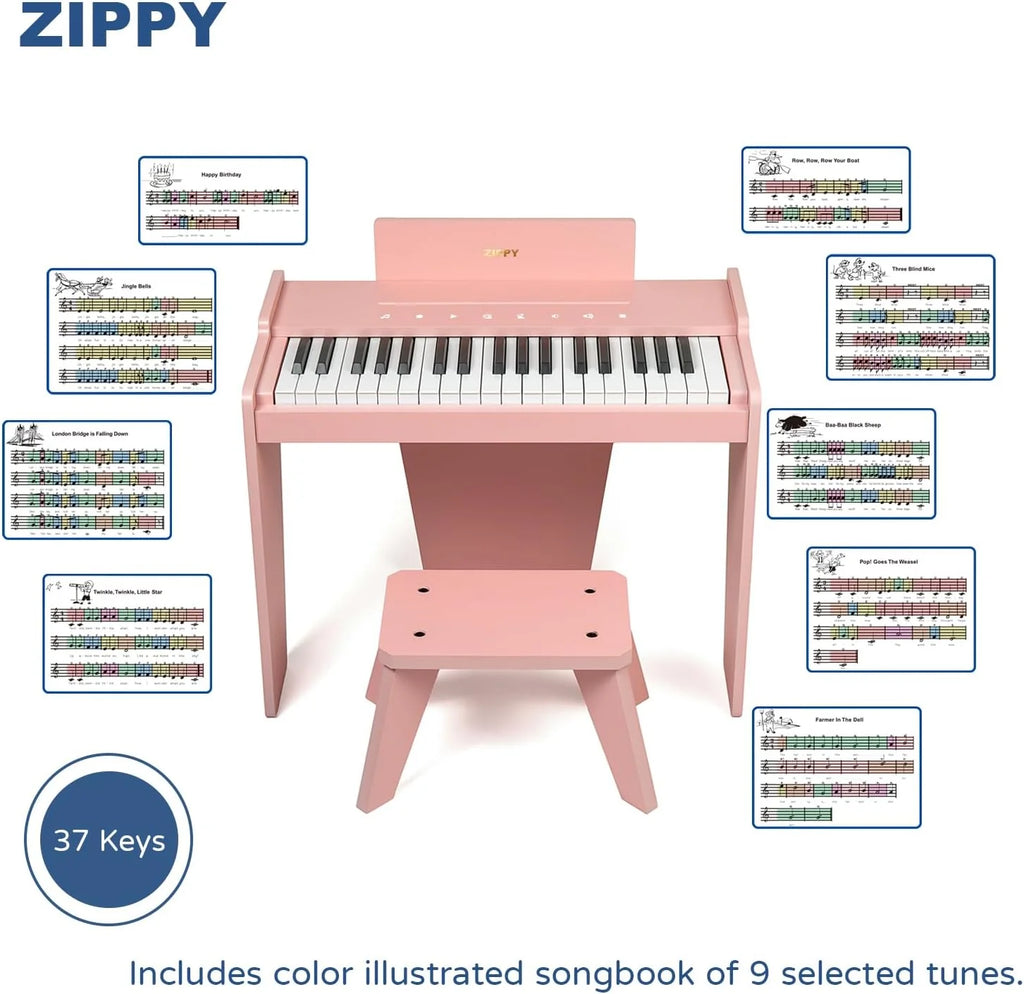 Klawiatura pianina dla dzieci, 37 klawiszy, cyfrowe pianino, zabawka muzyczna do nauki, drewniane pianino dla dzieci w wieku 3+ (różowe Plus)