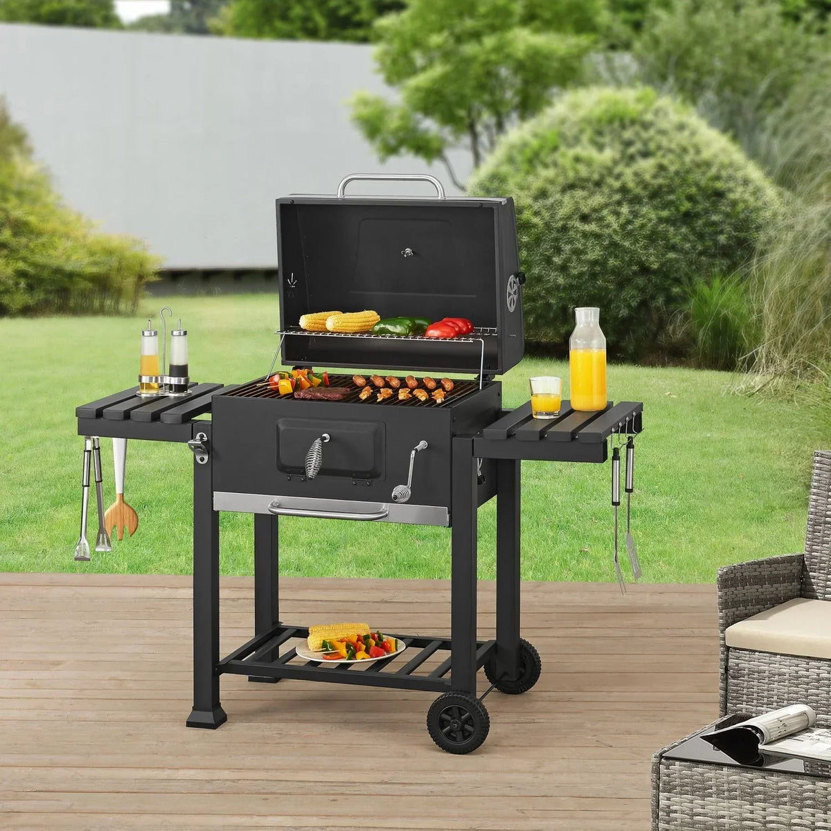 Grill węglowy Arnad z 2 półkami Stal 105x135x48cm - Czarny [casa.pro]