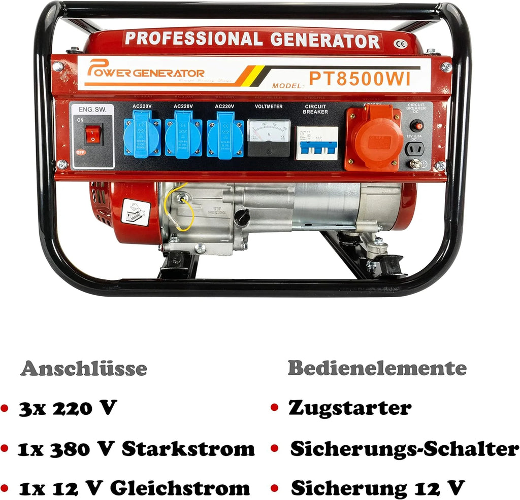 Agregat prądotwórczy benzynowy | W zestawie akcesoria | Cichy generator prądu | 5 gniazd: 3 x 230 V / 1 x 400 V / 1 x 12 V | 6,5 KM