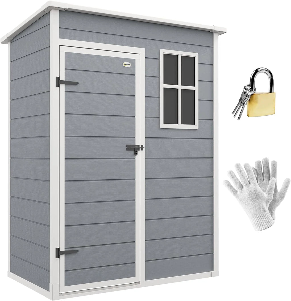 Outsunny Zewnętrzny Domek Ogrodowy, 1,14 m², 151x92x193 cm, Szopa Ogrodowa z Podłogą, Drzwiami Przesuwnymi, Oknem i Spadzistym Dachem, do Przechowywania Narzędzi, Szary