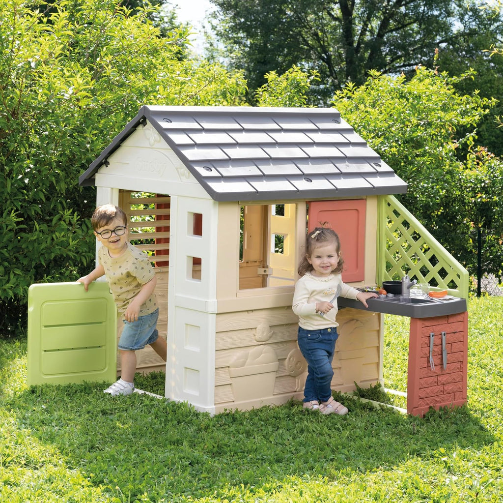 Smoby Life Casa Nature z kuchnią - Domek dla dzieci do użytku wewnątrz i na zewnątrz - Odporny na promienie UV materiał z recyklingu - Od 2 lat - W zestawie kuchnia i akcesoria - (7600810739)