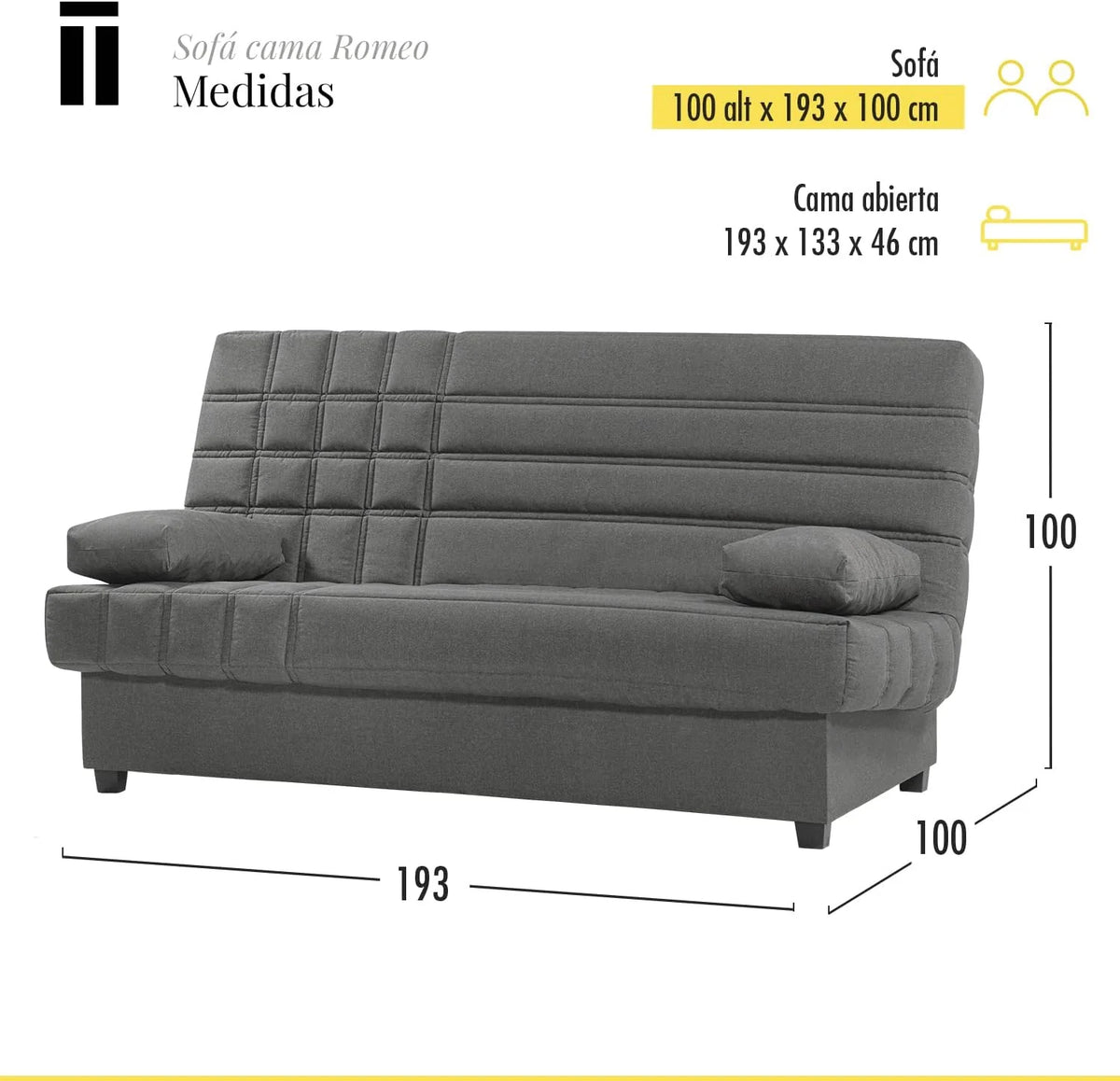 SHIITO - Sofa Rozkładany 3-osobowy z Pojemnikiem na Pościel - 100 x 193 x 100 cm - Model Romeo - z Systemem Clic-Clac - Zawiera 2 Poduszki - Kolor Ciemnoszary
