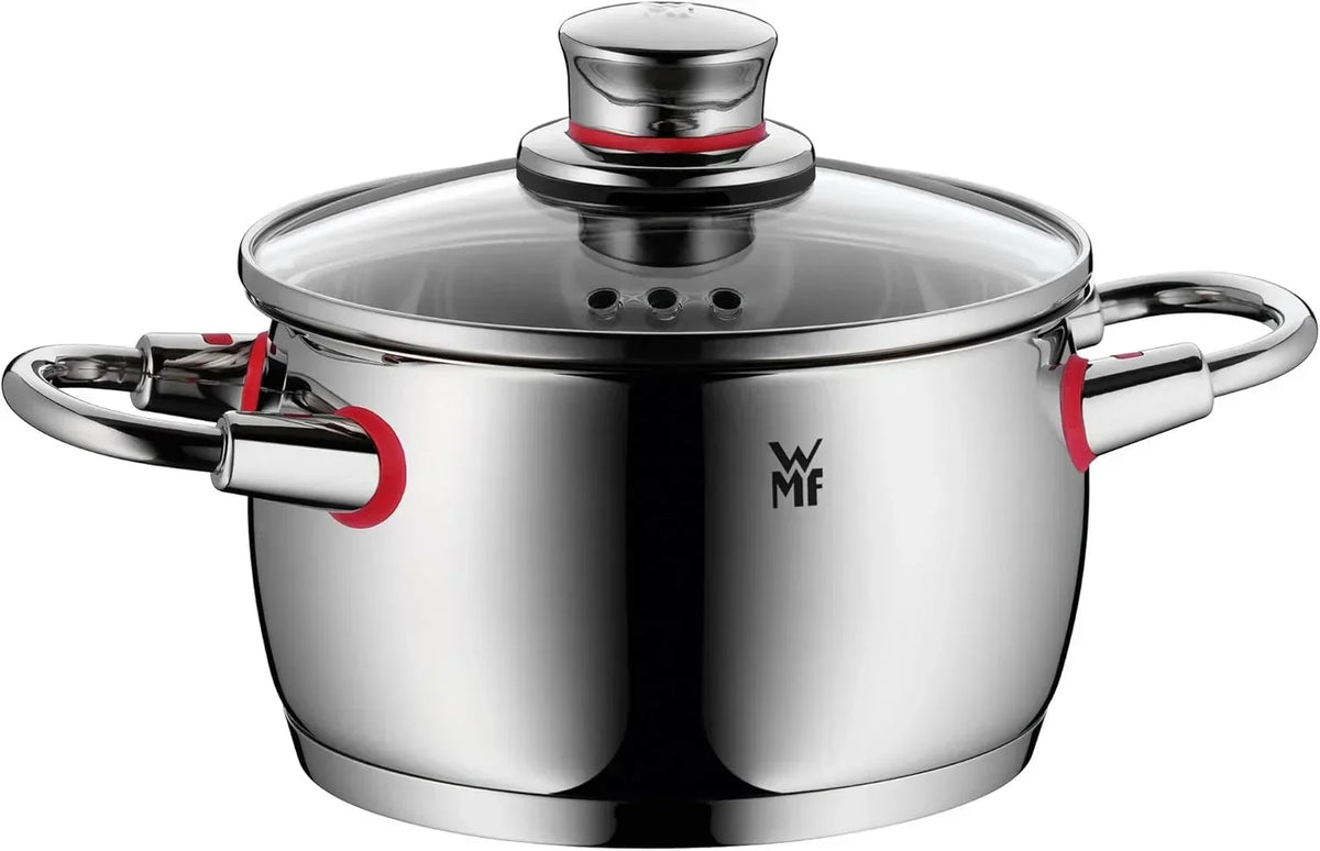 WMF Quaity One, 9-częściowy zestaw garnków ze stali nierdzewnej, odpowiedni do płyt indukcyjnych, 1 niski rondel 20 cm, 3 rondle 16 cm, 20 cm i 24 cm, 1 rondel 16 cm z 4 szklanymi pokrywkami