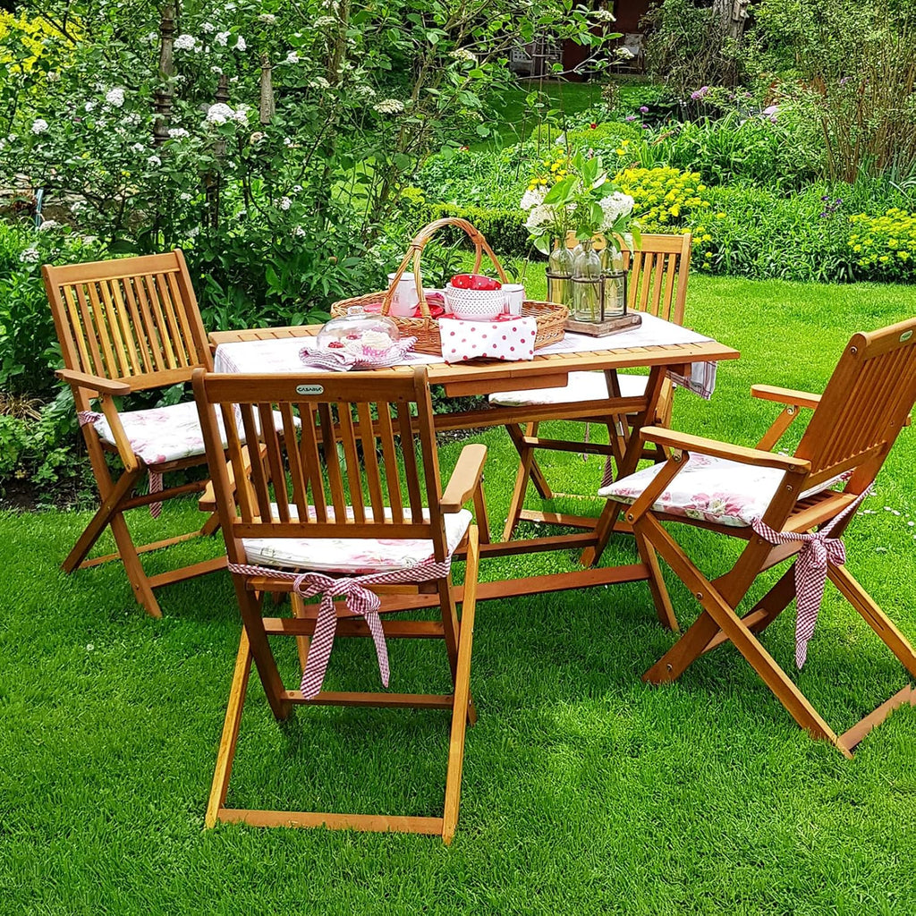CASARIA® FSC® Zestaw Ogrodowy Stół 4 Krzesła Drewno Akacjowe Jadalnia Patio Taras Balkon Zestaw 5-częściowy Składany Stół Siedziska Podłokietniki Trwały Odporny na Warunki Atmosferyczne 120 x 70 cm