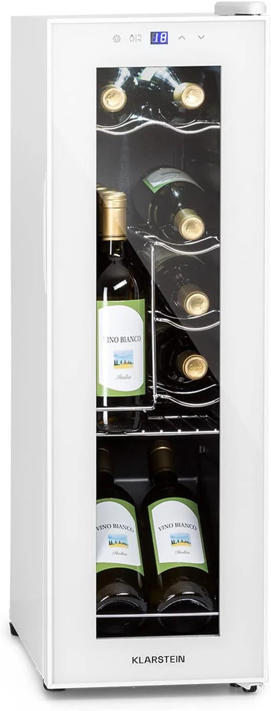 KLARSTEIN Chłodziarka do wina 32 l, lodówka na wino z jedną strefą, butelki wina, prosecco i piwa, mała lodówka na wino ze szklanymi drzwiami do wnętrz i na zewnątrz, lodówka na wino o pojemności 12 butelek