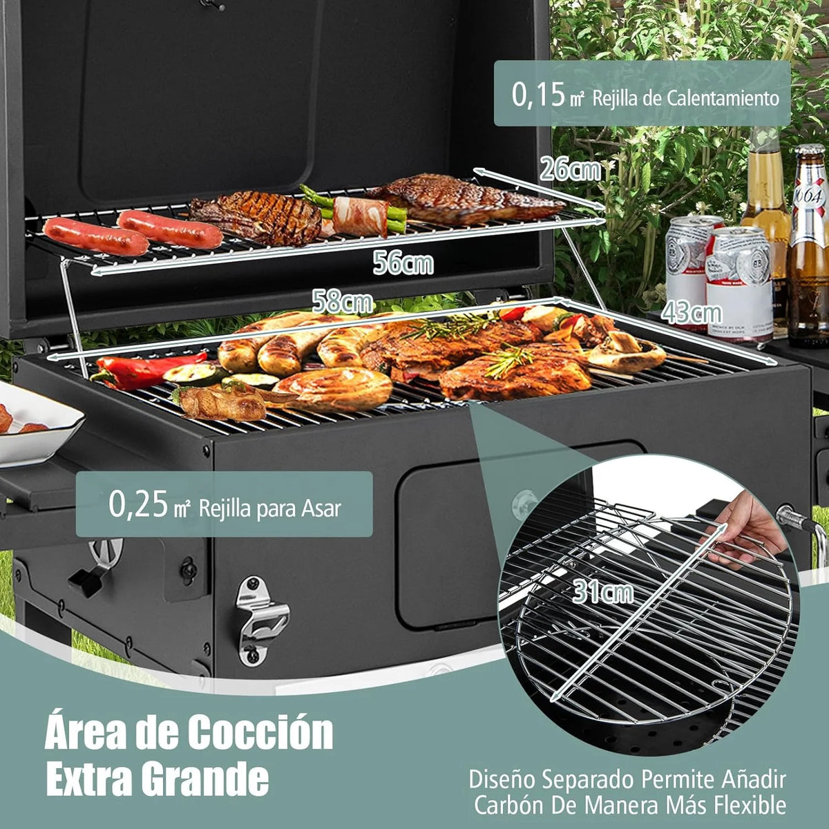 COSTWAY Grill Węglowy XXL, Przenośny Grill Ogrodowy 128 x 54 x 117 cm, z Pokrywą, Termometrem, 2 Składanymi Stolikami Bocznymi, 8 Haczykami, 2 Kółkami i Otwieraczem do Butelek
