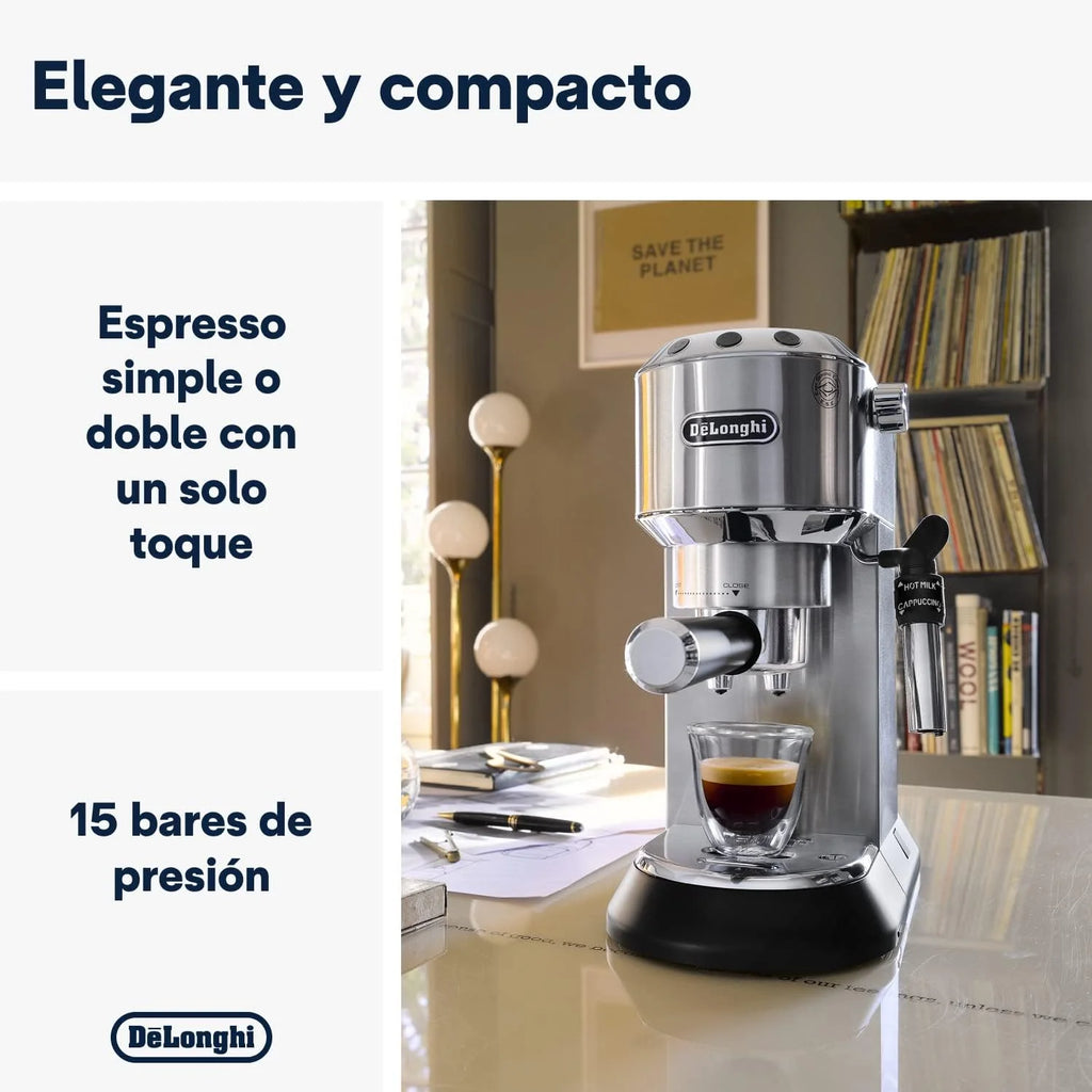 De'Longhi Dedica – Ekspres Kolbowy do Kawy Mielonej lub w Saszetkach, Espresso i Cappuccino, Zbiornik 1.3 Litra, System Anti-Drip, Model EC685.M, Kolor Metaliczny