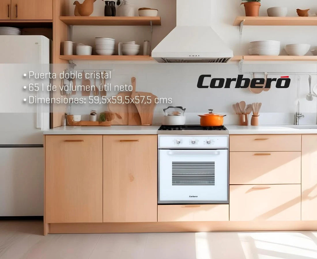 Corbero - Piekarnik wielofunkcyjny hydrolityczny 65 l | CCHM703W | Czyszczenie hydrolityczne | 8 programów | (dł.)59,5 x (szer.)59,5 x (wys.)57,5 cm | Oświetlenie wnętrza | Podwójne szklane drzwi | Moc 3000 W | Kolor biały z profilem inox