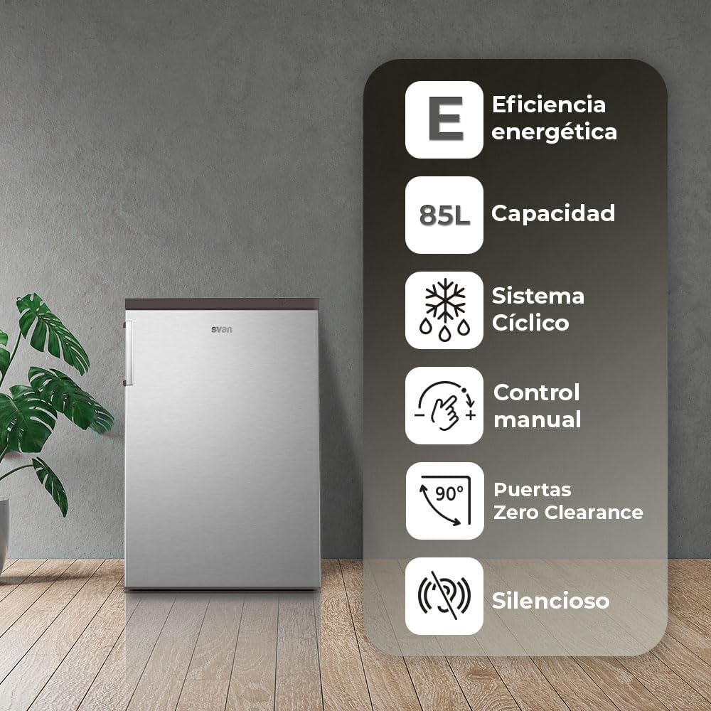 Svan Zamrażarka pionowa Inox SCV855500EX. Pojemność 85 litrów, drzwi odwracalne, niski poziom hałasu, klasa efektywności energetycznej E
