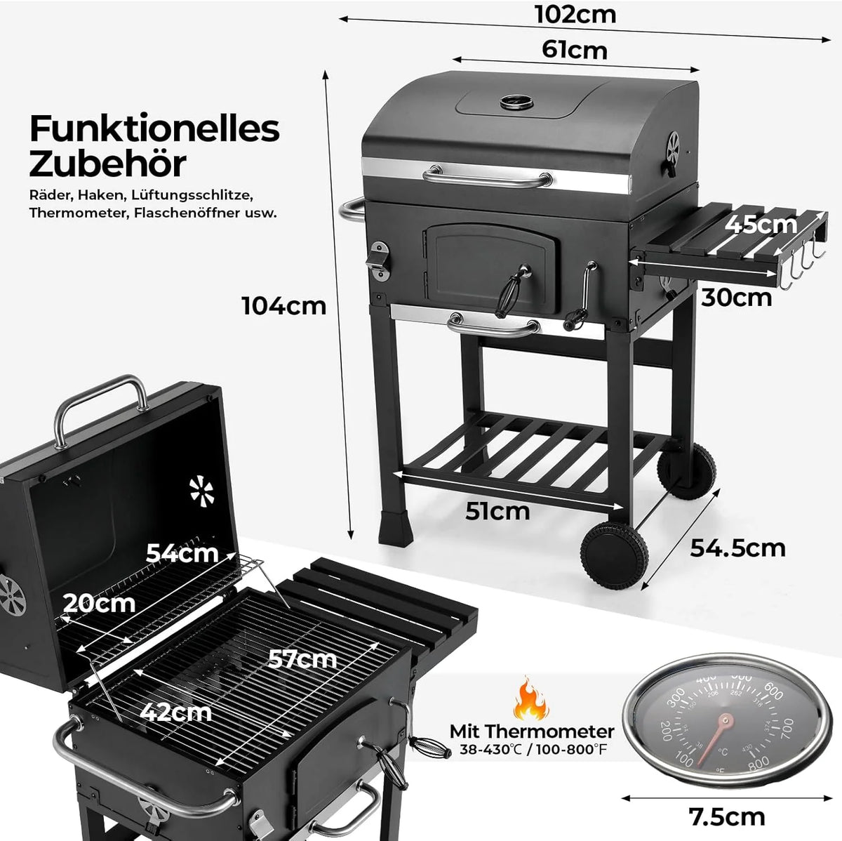 Grill Węglowy XXL, Grill Węglowy z Kominem i Pokrywą, Grill Wózkowy BBQ Smoker z Kółkami i Termometrem, Duży Grill Węglowy do Biwakowania i Ogrodu