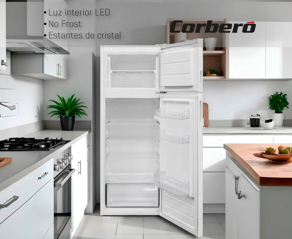 Corberó - Lodówka 2-drzwiowa | CF2PV21324W | 57x54x145 | Pojemność 212L | Oświetlenie wewnętrzne, pojemnik na warzywa, regulowane balkoniki, ręczne rozmrażanie, szklane półki, pojemnik na jajka, pojemniki na lód | Biała
