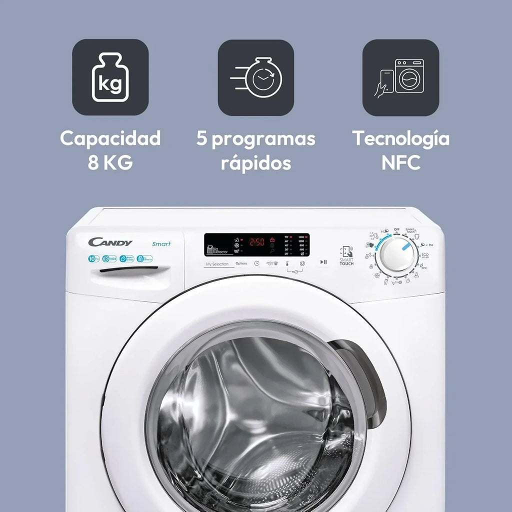 Candy Smart CS 14102DE/1-S, Pralka 10 kg, 1400 obr./min, Cyfrowy wyświetlacz i sterowanie, Technologia NFC, Asystent głosowy, 15 programów, 5 szybkich, Łatwe prasowanie, Opóźnienie startu 24H, Czujnik KG, 81 DB, Biała