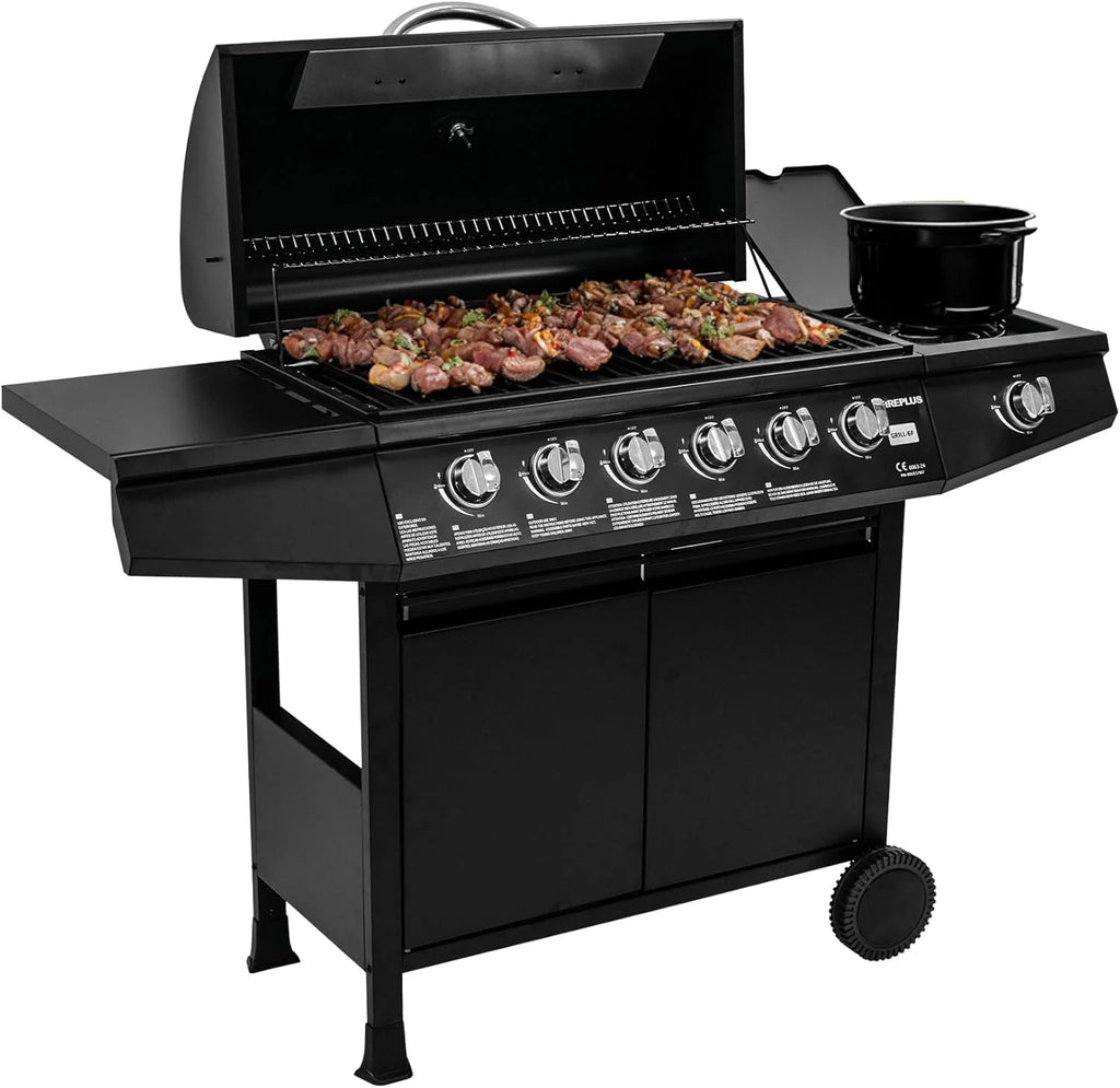 Grill gazowy Fireplus 6+1 12,9 kW – Stal nierdzewna Czarny – Grill na kółkach Model GRILL-6F – Grill XXL z wózkiem i termometrem – 138x52x103 cm – 7 palników i półka boczna