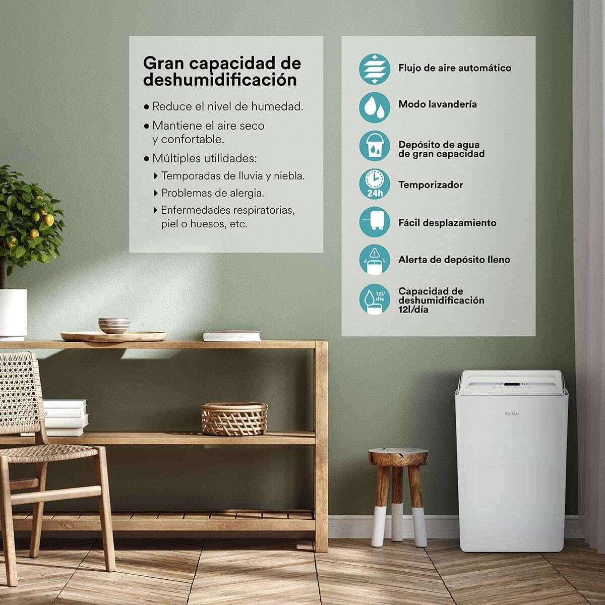 Daitsu - Osuszacz powietrza | Wysoka wydajność 20L/dzień | Regulowana kontrola wilgotności | Ciągłe odprowadzanie wody | Automatyczne odszranianie | Klasa energetyczna A
