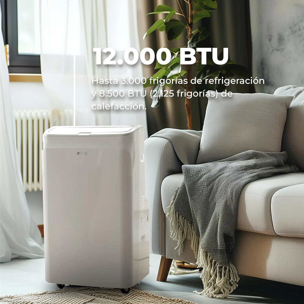 Przenośny Klimatyzator EVVO Chłodzenie i Grzanie, Klasa A, 12.000 BTU, Pilot i Programator Czasowy 24h, 4 w 1, Osuszacz, Wentylacja, Do 26 m2. (Model: CLIMA P12 Chłodzenie i Grzanie)