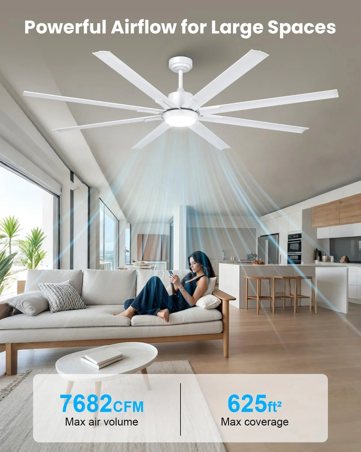 Wentylator sufitowy z oświetleniem i pilotem 183 cm Extra Duży, 8 Aluminiowych Łopatek, Cicha Lampa Sufitowa z Odwracalnym Silnikiem DC do Użytku Zewnętrznego na Tarasie, do Dużego Pomieszczenia