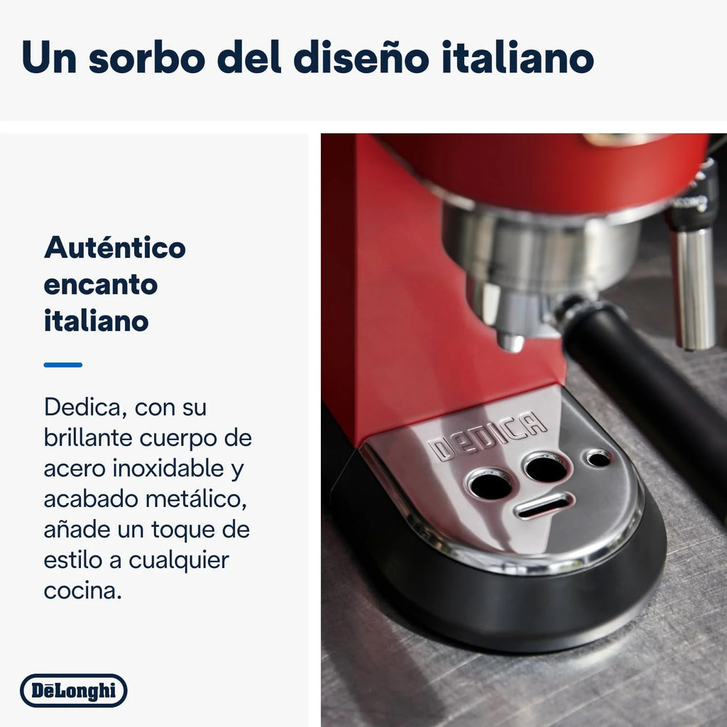 De'Longhi Dedica – Ekspres Kolbowy do Kawy Mielonej lub w Saszetkach, Espresso i Cappuccino, Zbiornik 1.3 Litra, System Anti-Drip, Model EC685.M, Kolor Metaliczny