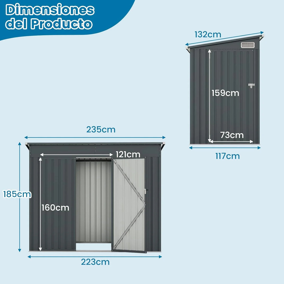 COSTWAY Szopa Ogrodowa Zewnętrzna, 235 x 117 x 185 cm, Schowek Ogrodowy Zewnętrzny z 2 Drzwiami, Pochyłym Dachem, Domek Organizator z Galwanizowanego Metalu, Organizator Narzędzi do Ogrodu na Patio