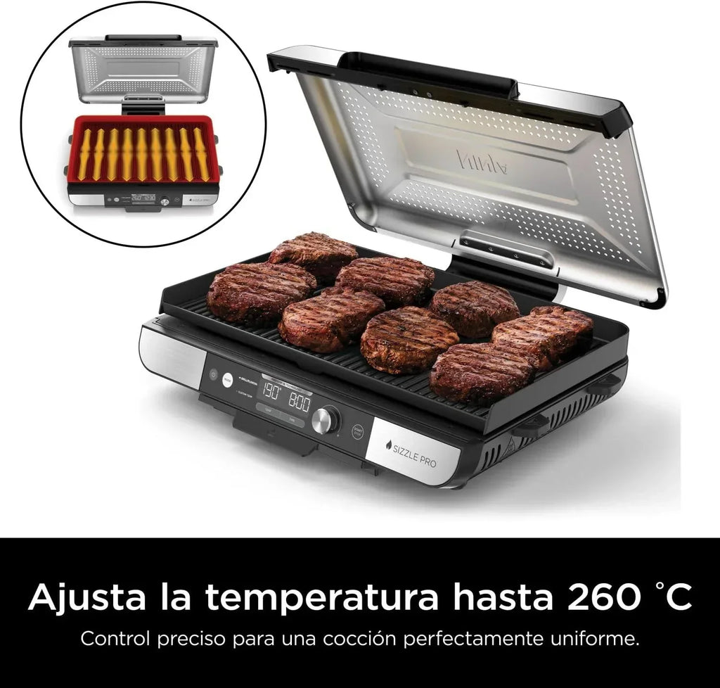 Ninja Sizzle Pro XL grill i płyta grillowa do użytku wewnątrz pomieszczeń z nieprzywierającą ceramiczną płytą grillową, odłączaną pokrywą, pojemnikiem na tłuszcz i książką z przepisami, srebrno-czarny GX101EU