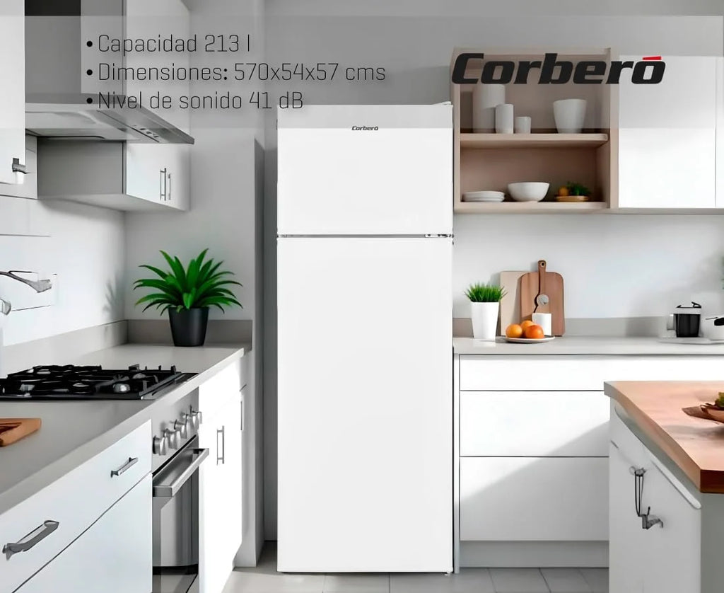 Corberó - Lodówka 2-drzwiowa | CF2PV21324W | 57x54x145 | Pojemność 212L | Oświetlenie wewnętrzne, pojemnik na warzywa, regulowane balkoniki, ręczne rozmrażanie, szklane półki, pojemnik na jajka, pojemniki na lód | Biała