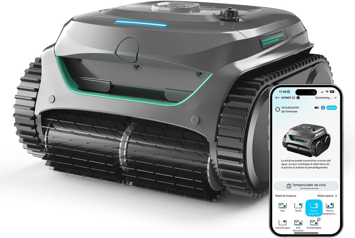 WYBOT C2 Odkurzacz Basenowy, Bezprzewodowy Robot Basenowy 150m², Podwójna Filtracja, 3 Silniki, Silne Ssanie, Czyszczenie Ścian i Linii Wody, 180 Min, Aplikacja (Szaro-Zielony)