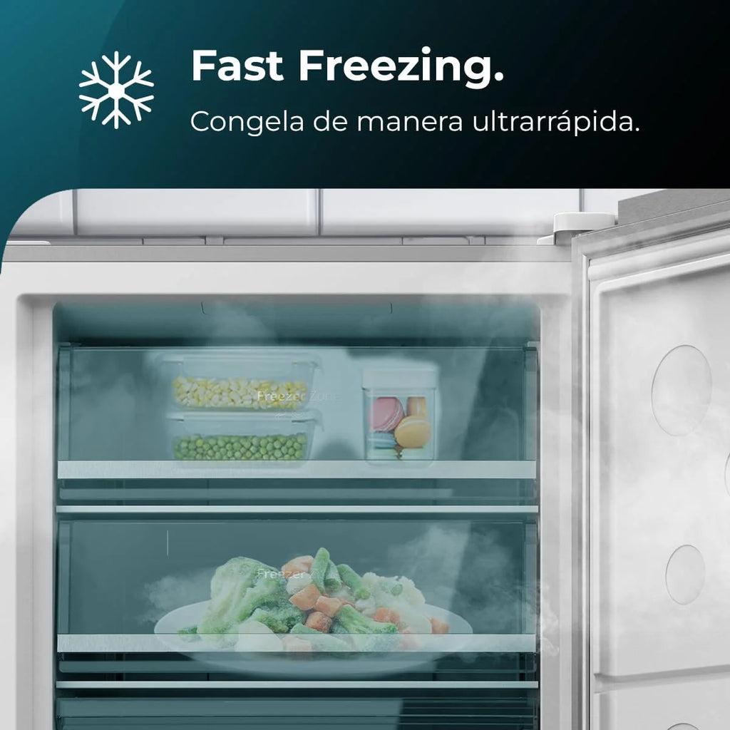 Cecotec Pionowa Zamrażarka Bolero CoolMarket UF 380 inox D. 380L, 1950W, Silnik Inverter Plus, Niskie Zużycie Energii, Total No Frost, Wyświetlacz w drzwiach, Możliwość Przekształcenia w Lodówkę, Multi Airflow