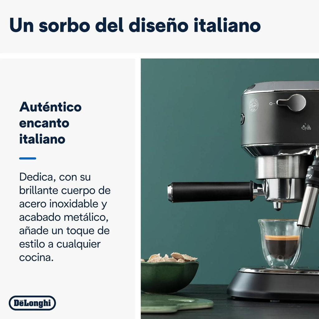 De'Longhi Dedica – Ekspres Kolbowy do Kawy Mielonej lub w Saszetkach, Espresso i Cappuccino, Zbiornik 1.3 Litra, System Anti-Drip, Model EC685.M, Kolor Metaliczny