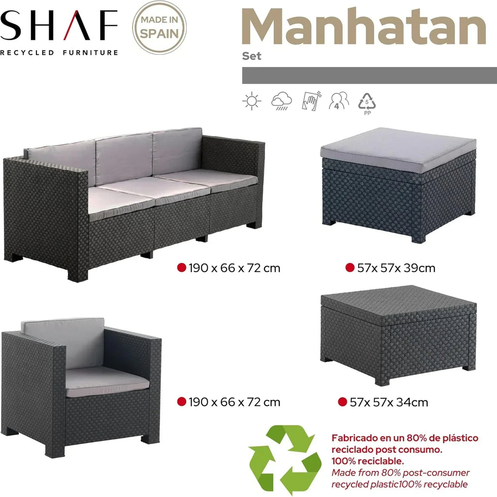 SP Berner - Shaf - Manhattan | Zestaw mebli do salonu ogrodowego - 5-osobowy zestaw mebli ogrodowych | Wyprodukowano w Hiszpanii z materiałów pochodzących z recyklingu - Kolor grafitowy
