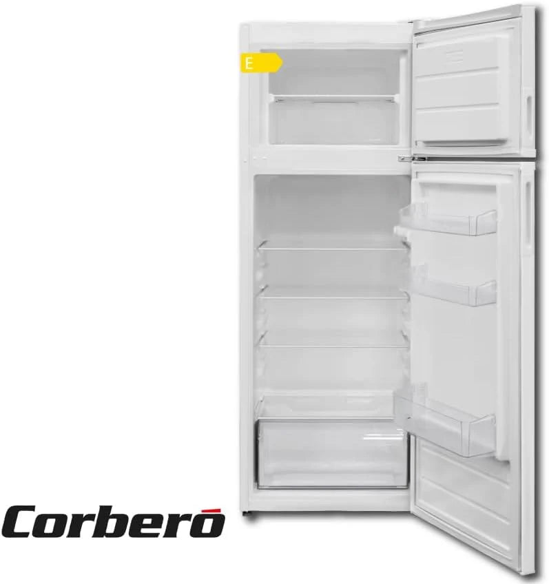 Corberó - Lodówka 2-drzwiowa | CF2PV21324W | 57x54x145 | Pojemność 212L | Oświetlenie wewnętrzne, pojemnik na warzywa, regulowane balkoniki, ręczne rozmrażanie, szklane półki, pojemnik na jajka, pojemniki na lód | Biała