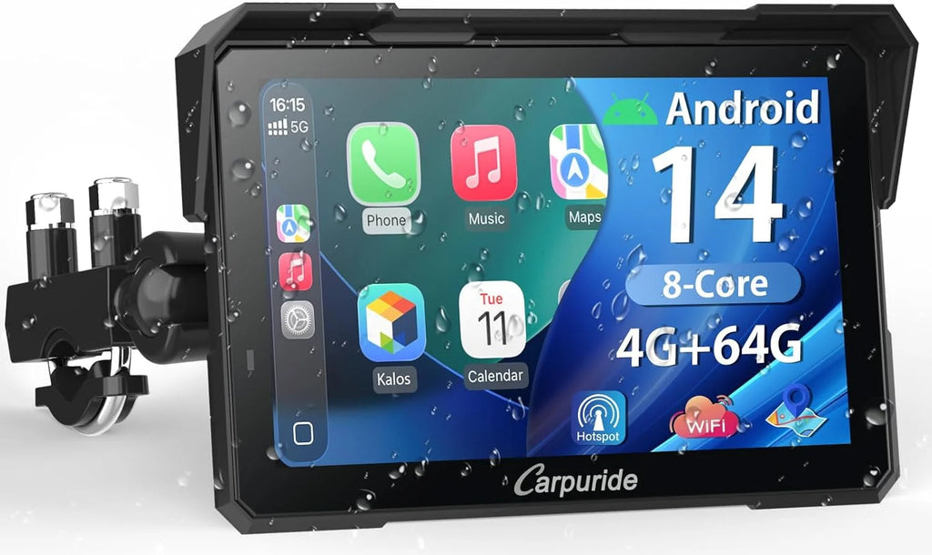 Caruride W702 Plus Android 14 Motocyklowy Wyświetlacz Carplay z Podwójną Kamerą, Bezprzewodowy CarPlay i Android Auto, 7-calowy Wodoodporny Ekran Dotykowy, Dźwięk BT, Nagrywanie w Pętli, Nawigacja Online i Offline.