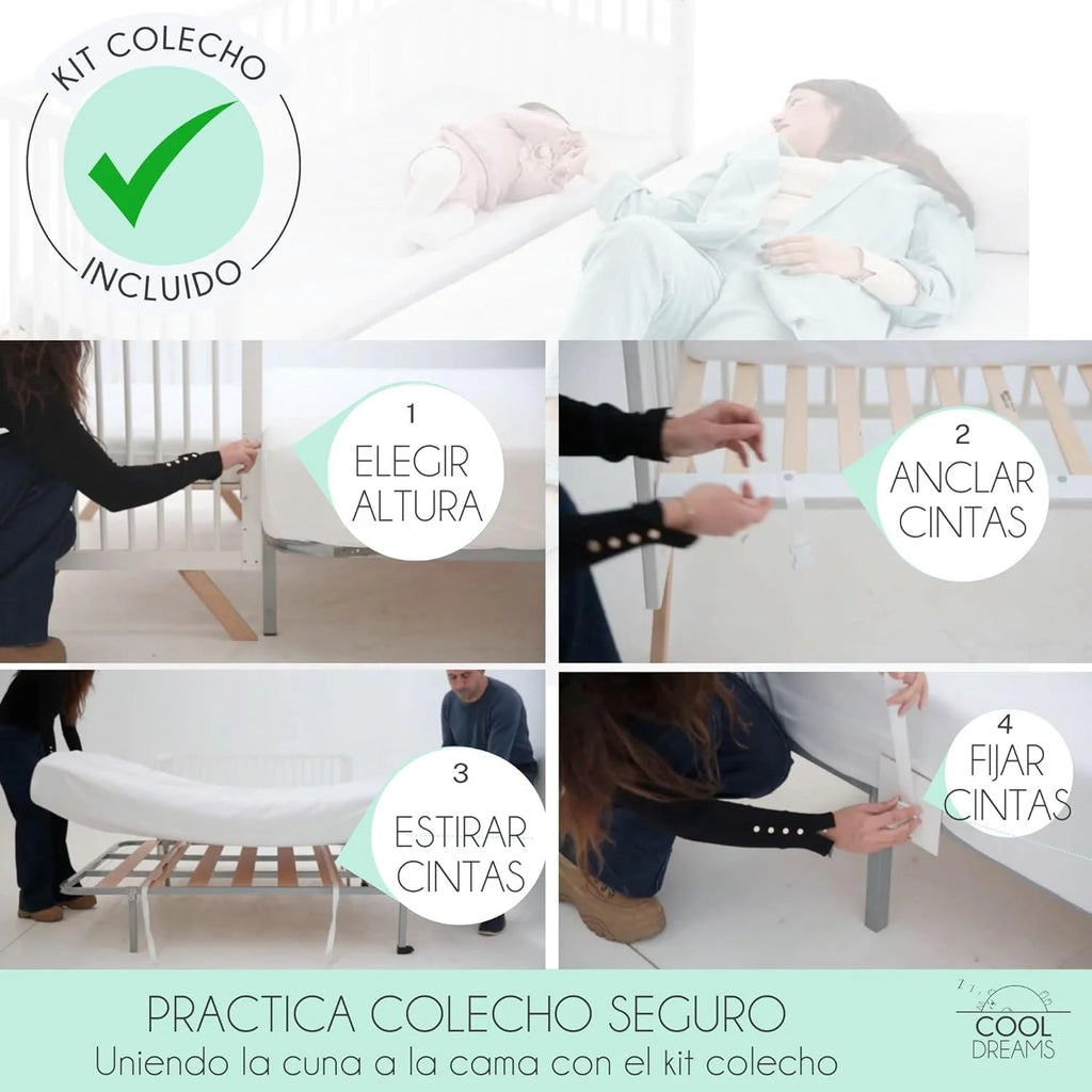 Cuna Colecho dla niemowląt, Zestaw do łączenia łóżeczka z łóżkiem, Materac HR Morfeo z certyfikatem Oeko-Tex® i CertiPUR, 4 kółka, Prześcieradło z gumką i poszwa na kołdrę z naturalnej bawełny. Indi CoolDreams CoolDreams