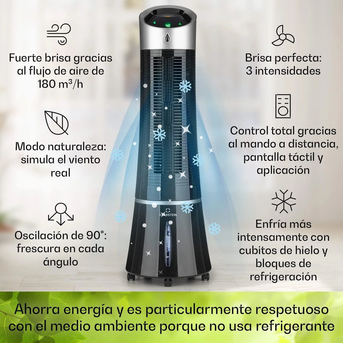 Klarstein Skyscraper Ice Smart Klimator Ewaporacyjny – 4 w 1: Wentylator, Chłodnica, Oczyszczacz i Nawilżacz Powietrza, 210 m³/h, Sterowanie Aplikacją i Alexa, Zbiornik 6L, Oscylacja, Jonizator, Czarny
