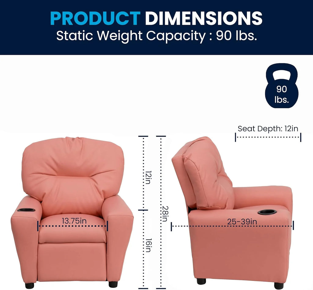 Flash Furniture Contemporary Kids Recliner with Cup Holder, Wood, Beige Vinyl, 26" x 21" x 21"