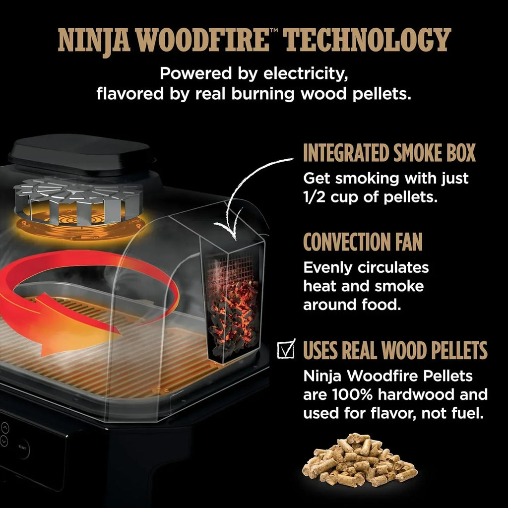 Ninja Woodfire Pro XL 4 w 1, grill i wędzarnia ogrodowa, termometr, główny grill 4 w 1, grill wędzarniczy, zewnętrzna frytkownica powietrzna, piekarnik, przenośny, grill elektryczny, ciemnoszary, model OG850