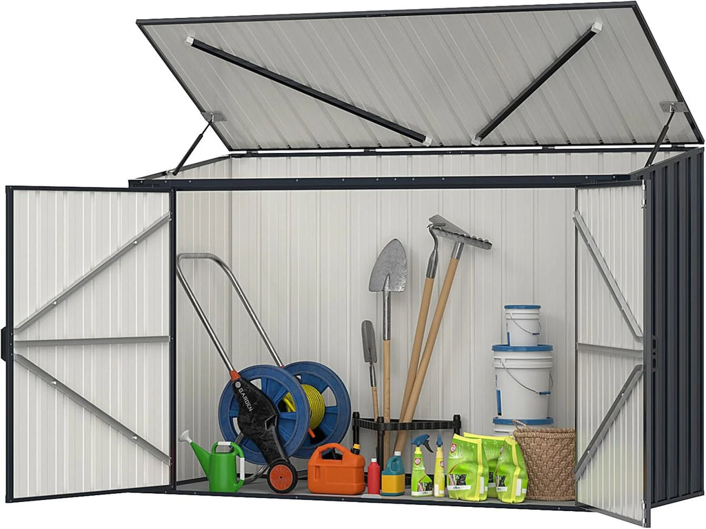 GOPLUS 1,9 m³ Metalowy Domek Ogrodowy z Blachy Ocynkowanej, 193 x 86 x 127 cm, Zewnętrzna Szopa z Podwójnymi Drzwiami z Zamkami, Podnośnik Hydrauliczny, Schowek na Narzędzia, Rowery, Kosze na Śmieci