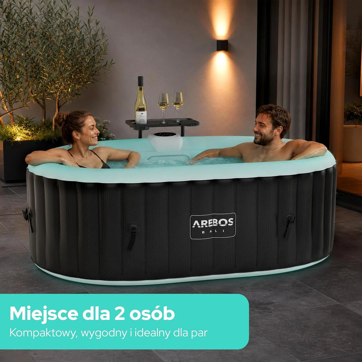 Arebos Nadmuchiwane spa z oświetleniem LED | Nadmuchiwane | Do użytku wewnętrznego i zewnętrznego | 190x120 cm Owalne | 2 osoby | 90 dysz masujących | Z ogrzewaniem | 550 litrów | Pokrywa w zestawie | Spa bąbelkowe
